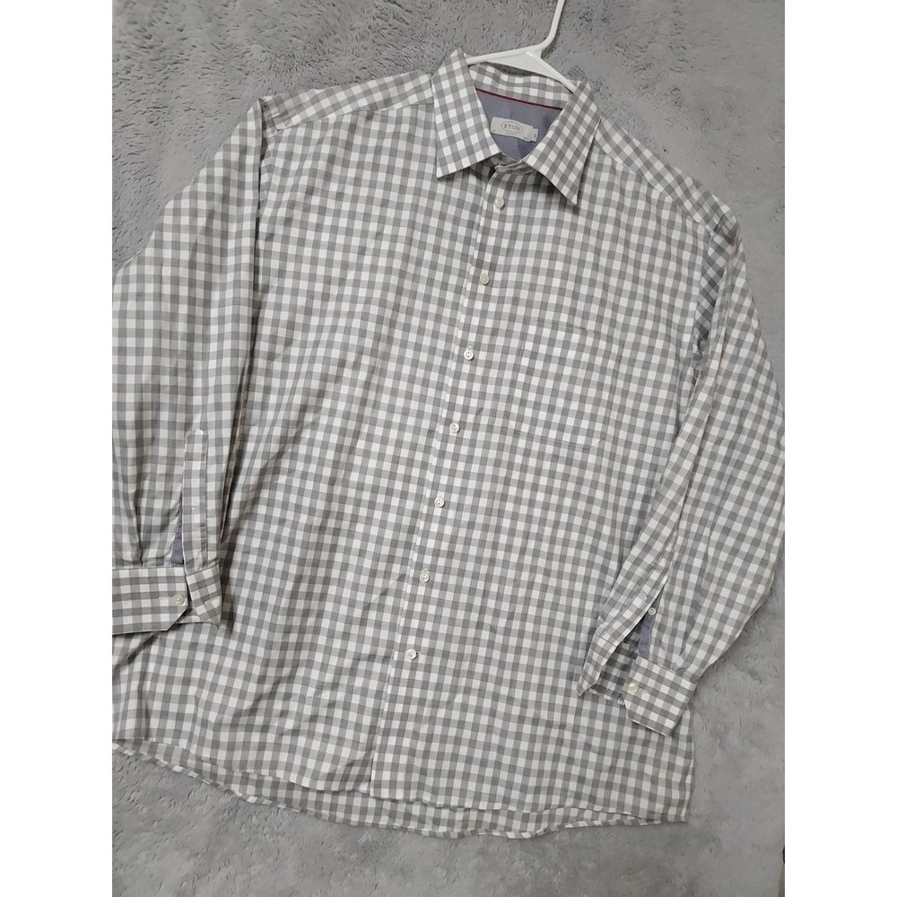 Eton Shirt Mens 3XL Classic Fit Gingham Check Long Sleeve Button Up Grey 18.5 47